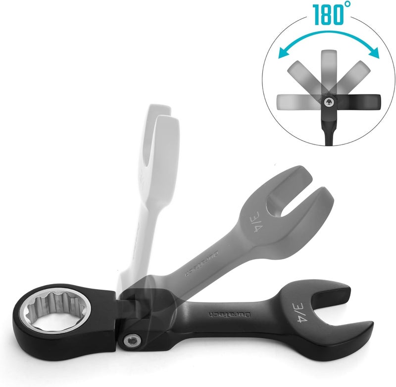 DURATECH Stubby Flex-head Ratcheting Combination Wrench Set, SAE, 8-piece, 5/16" to 3/4", CR-V Steel, Black Electrophoretic Coating, with Rolling Pouch - Image 4